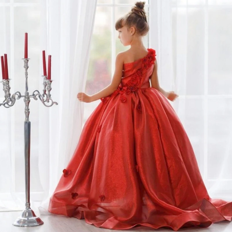 

Elegant Red Flower Girl Dresses Bling One Shoulder 3d Flowers A Line For Wedding Pageant First Communion Gowns