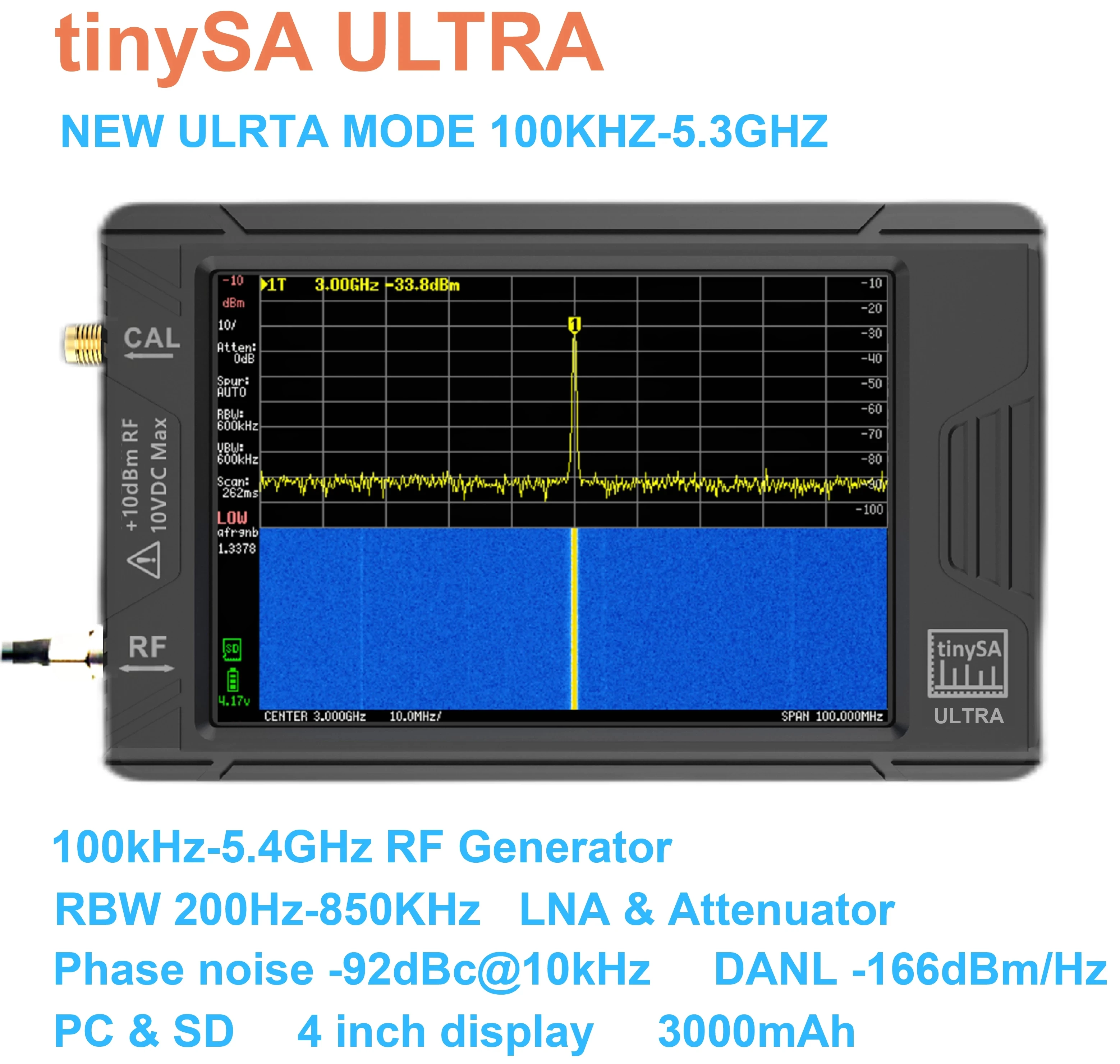 

Handheld 2.8" Display Tiny Spectrum Analyzer TinySA ULTRA 4" Display 100kHz to 5.3GHz with 32GB Card Version V0.4.5.1 Tools