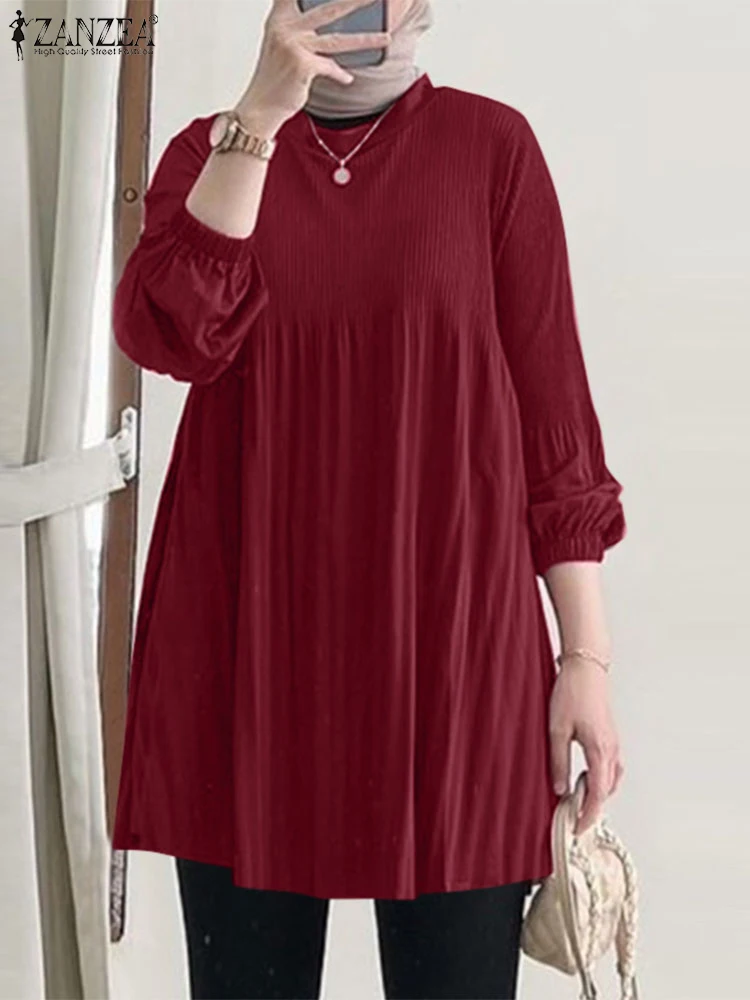 Long sleeve pleated blouses for women, solid color tunic tops, round neck, Islamic and modest fashion, casual and trendy, autumn.