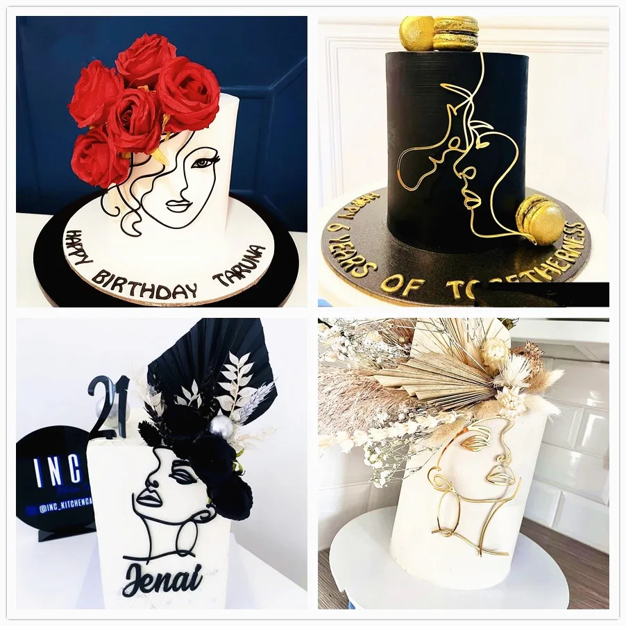 Neue Line Girl Happy Birthday Tortendekoration Gold Acryl Abstrakte Kunst für Hochzeit Mädchen Party Tortendeko Backzubehör – Detail 29