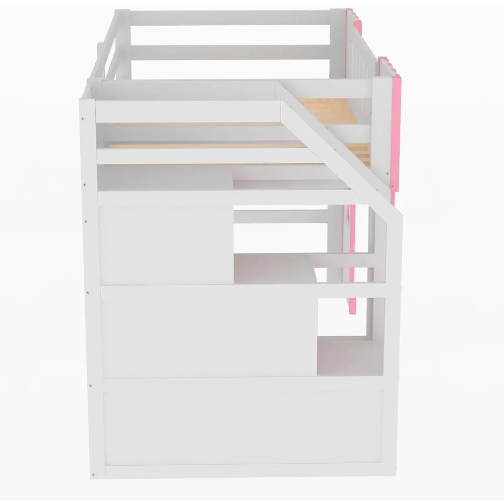 Twin Size Loft Bed with Storage Staircase and Window, Wood Playhouse Bed Frame with Storage for Boys, Girls 5