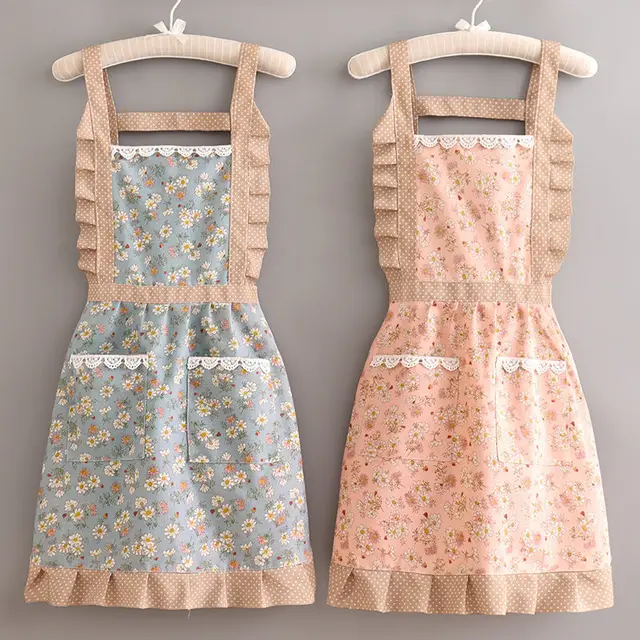 Fashion Lace Breathable Waist Cute Plaid Home Canvas Apron Ladies Thin Like Princess Skirt Japanese Kitchen Work Clothes 1