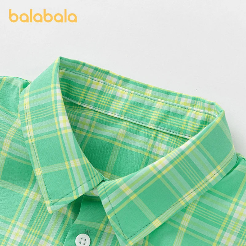 Balabala 아동용 반팔 셔츠, 남아용 의류, 베이비 탑, 2024 여름 신상 유행, 오픈 프론트 디자인, 세련된 격자 무늬 패턴