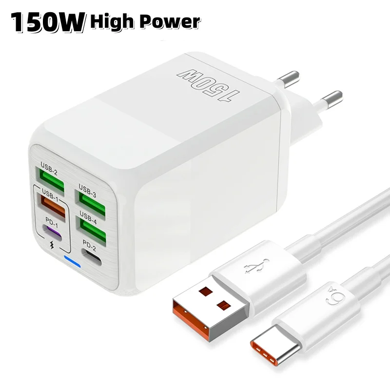 รวม 150W 6 พอร์ต Fast CHARGING QC3.0 Travel Charger สําหรับ iPhone 16 Samsung Xiaomi EU US UK ปลั๊กโทรศัพท์มือถืออะแดปเตอร์ผนัง 1