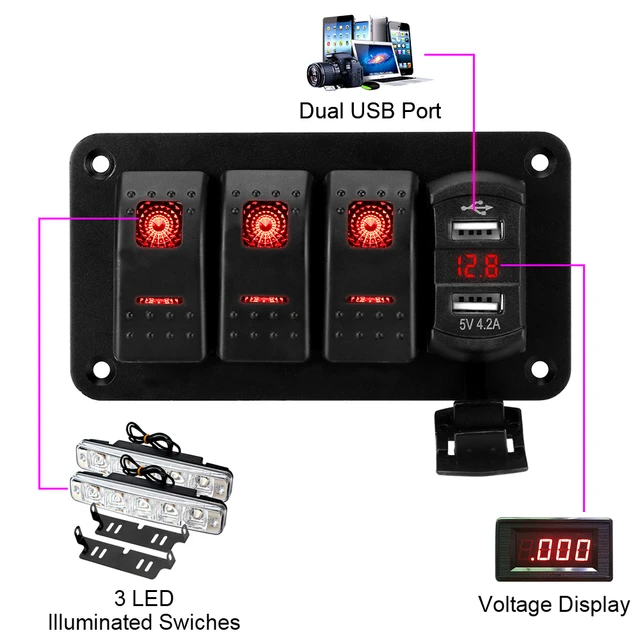 4 Gang 12V 24V Rocker Switch Panel Circuit Breaker Dual USB Voltmeter Car  Marine