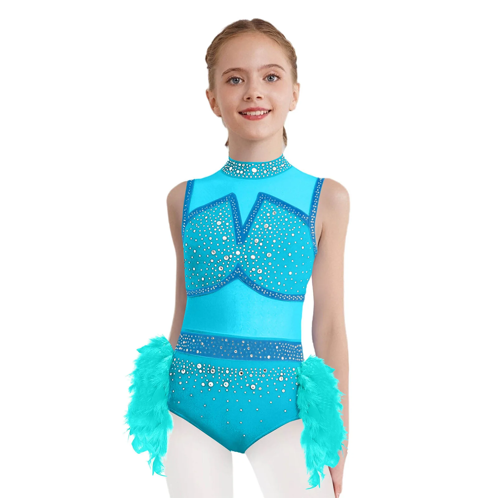 Kinder Mädchen Jazz Latin Tanz Auftritts-Kostüm Ärmellos mit Rückenausschnitt Glänzende Strass-Gymnastikanzüge mit Federrock – Detail 19
