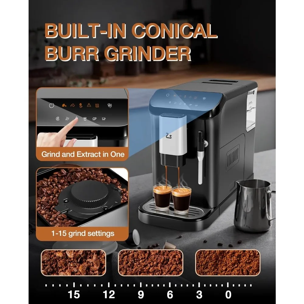 Fully Automatic Espresso Machine with Frother Steam Wand,20 Bar Built-In&Adjustable Espresso Bean Grinder,1-15 Adjustable Grind 3