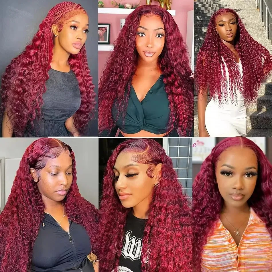 34 Inch Burgundy Deep Wave Wig13x4 Lace Frontal Human Hair Wig Deep Wave Curly Wigs For Women 99j Red Wine Colored Lace Front Wig 6
