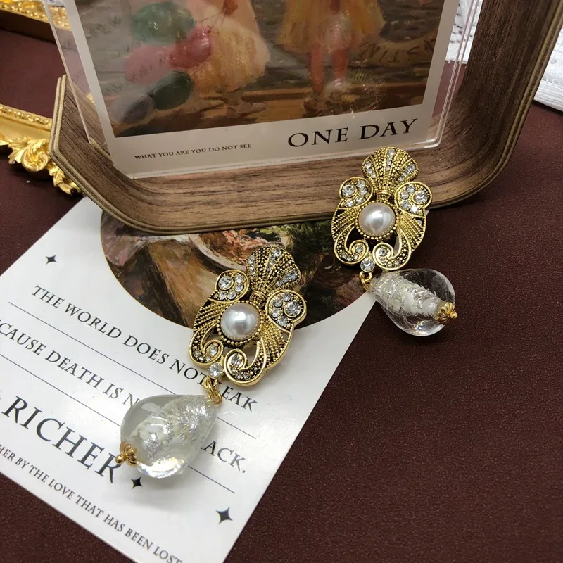 European and American retro glass printing pendant temperament Joker earrings