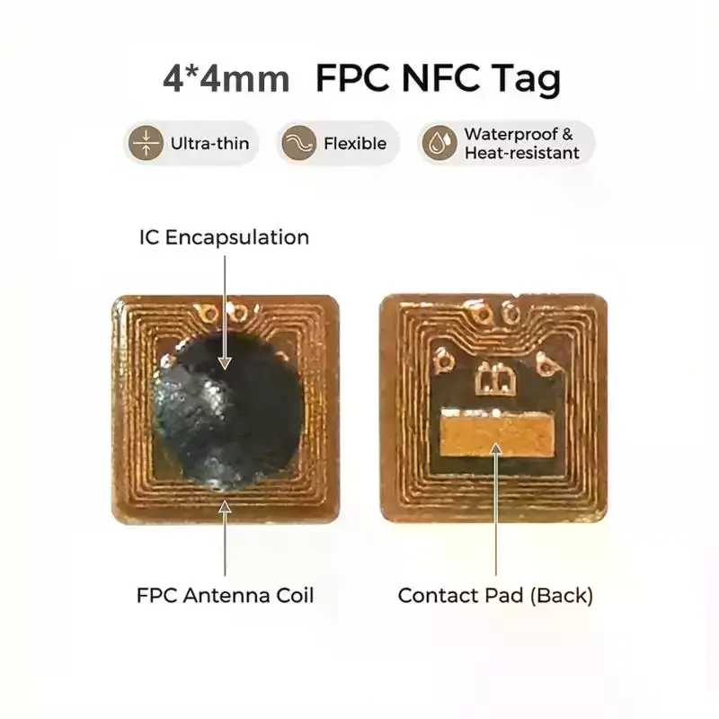 프로그래밍 가능한 4*4mm 마이크로 FPC NFC RFID 태그 스티커 Ntag213 1mm 판독 범위, 출입 통제 및 공급망 관리용