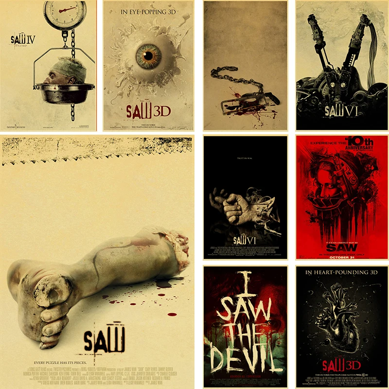 

Vintage Poster Saw Classic Horror Movie Posters Tableau Mural Kraft Paper Wall Sticker Home Decorative Painting
