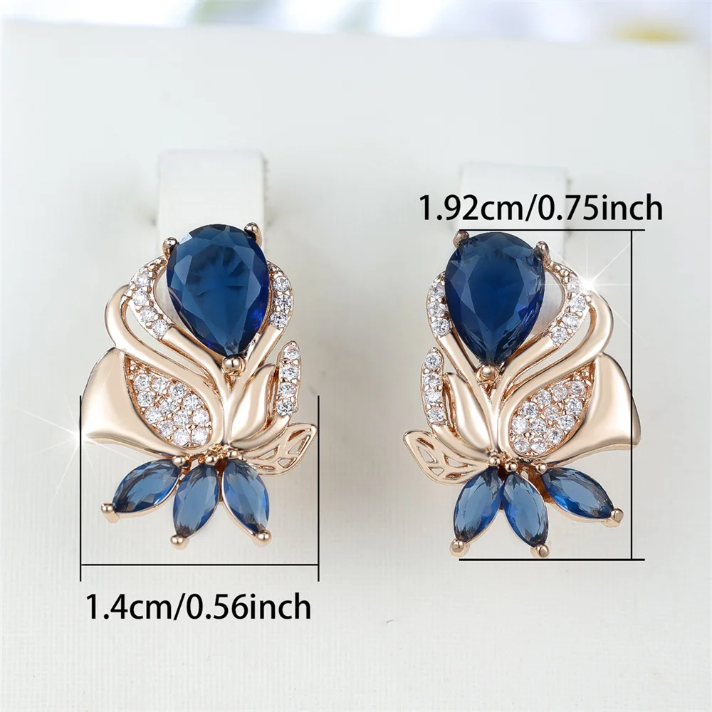 Cute Flower Blue Zircon Water Drop Stone Hoop Earrings For Women Vintage Gold Color Ear Buckle Wedding Jewelry Engagement Gifts