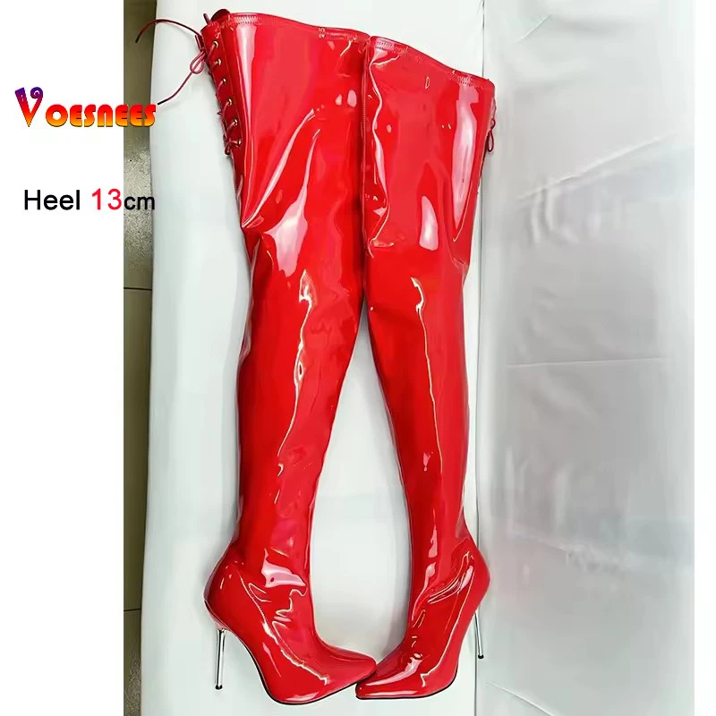 New Red Patent Leather Stiletto Thin Heels Women Over The Knee Boots Pointed Toe Sexy Super High Heel Side Zipper Modern Boots