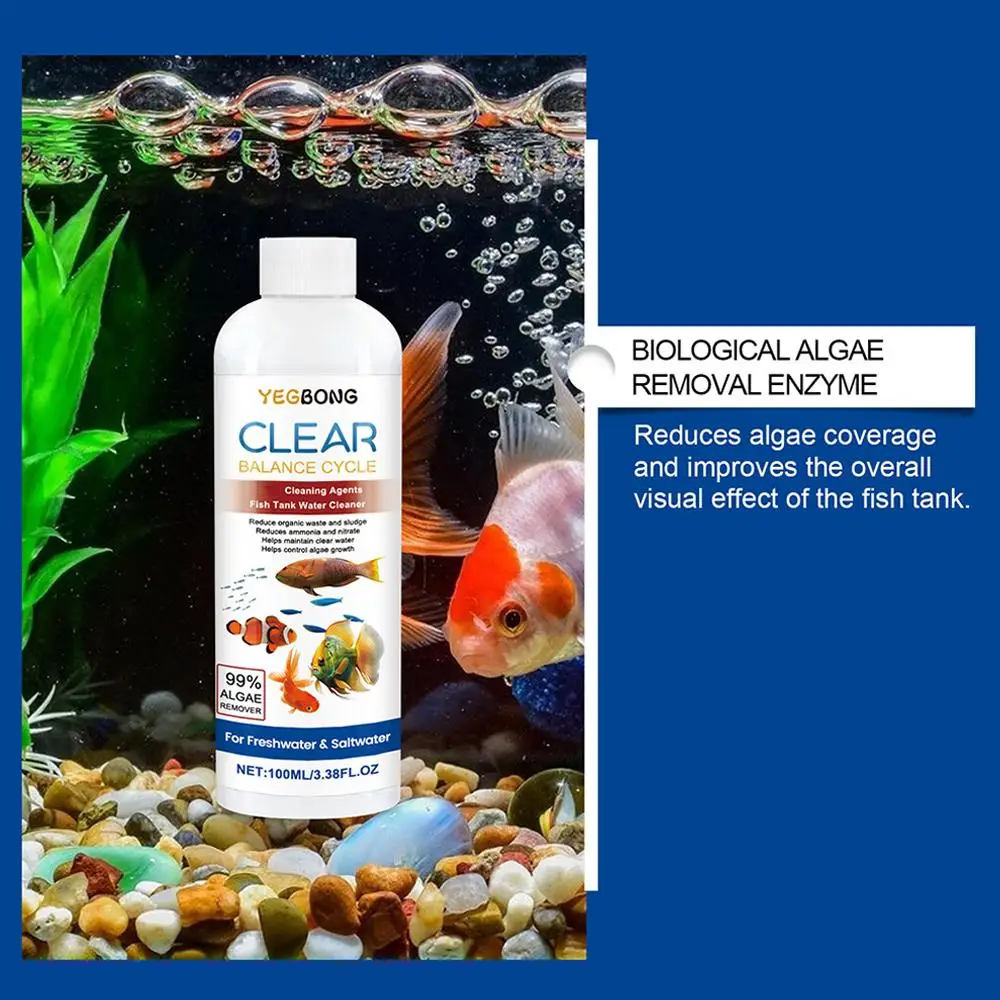 100ML Cleaner Fish Tanks Safe Reduce Algae Remover Aquarium Sludge Remover Bio Enzyme Clarifier Algae Control Cleaner Aquariums