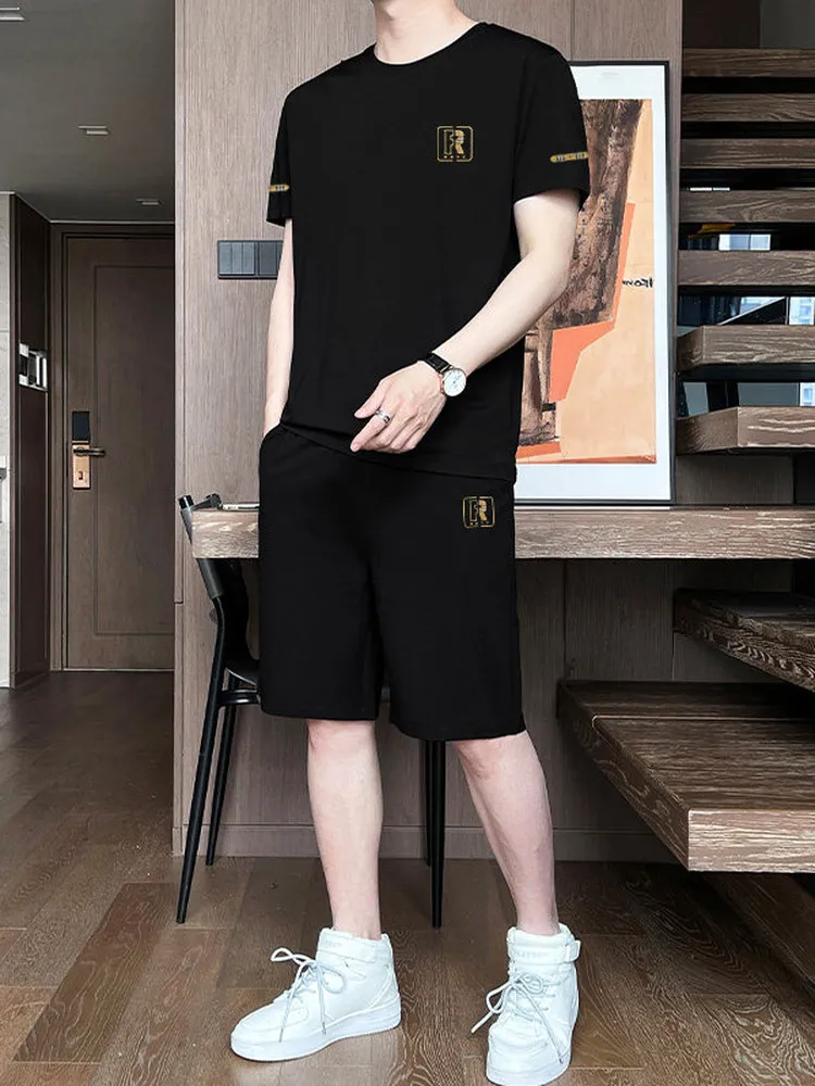 아이스 실크 러닝 스포츠웨어 캐주얼 세트 남성용 큰 사이즈 반팔 반바지 속건 고급 투피스 세트 여름 레저