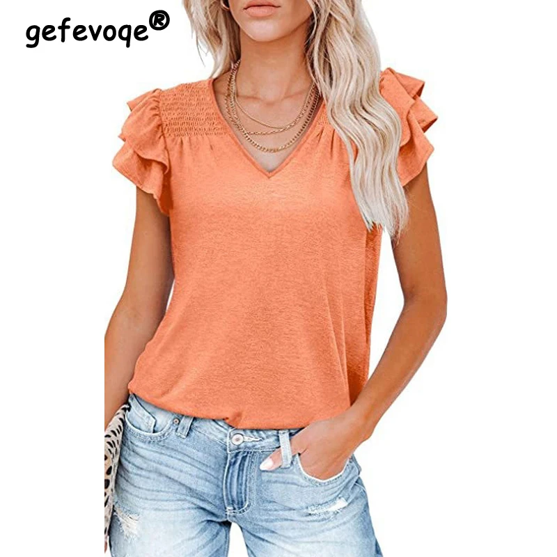 

Women Summer Trendy Ruffle V Neck Short Sleeve Elegant Basic T Shirt Casual Streetwear Solid Loose Cotton Tops Y2K Ropa De Mujer