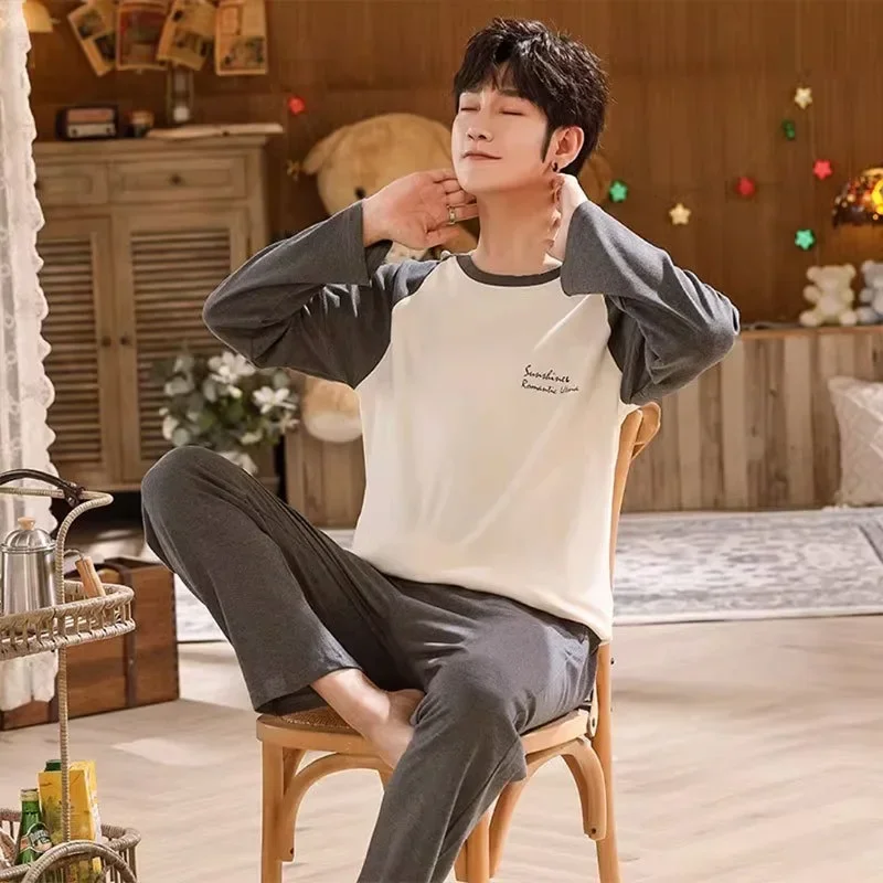 Pajamas Set of Men Cotton Long-Sleeved Simple Cartoon Dinosaur Sleepwear Homewear Students Two-Piece Nightwear Loungewear pajama sets