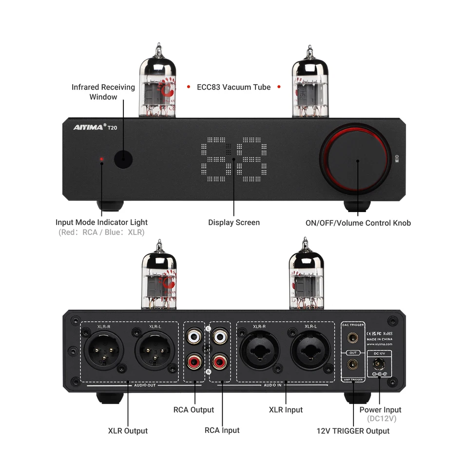 Suca Audio 真空管アンプ .AIYIMA真空管プリT2DC12V AIYIMA T20 真空管プリアンプ ECC83 フルバランスプリアンプ RCA XLR