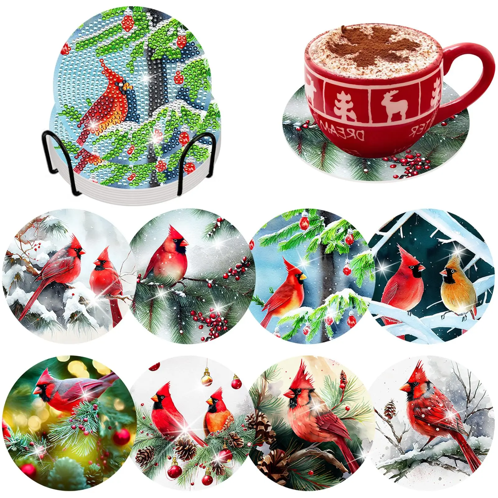 8 Pcs Christmas Cardinal Diamond Art Painting Coasters Kits with Holder DIY  Christmas Bird Diamond Art Coaster Non Slip Coaster - AliExpress