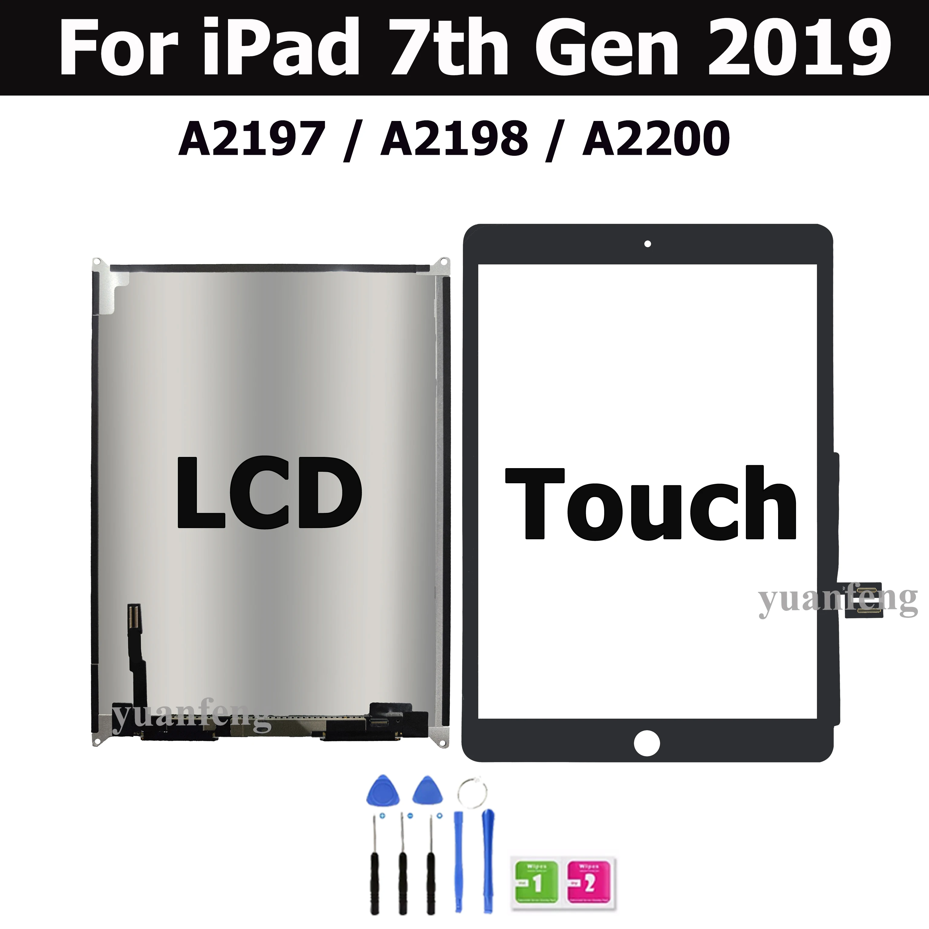 태블릿 디스플레이 LCD 교체, LCD 터치 스크린 유리 패널 부품 수리, 아이패드 7 10.2 2019 7 세대 A2197 A2198 A2200, 10.2 인치