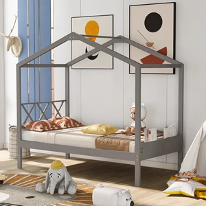 Add a Touch of Quaint Charm to Your Child's Room with a Gray Twin Size Wood House Bed with Storage Space