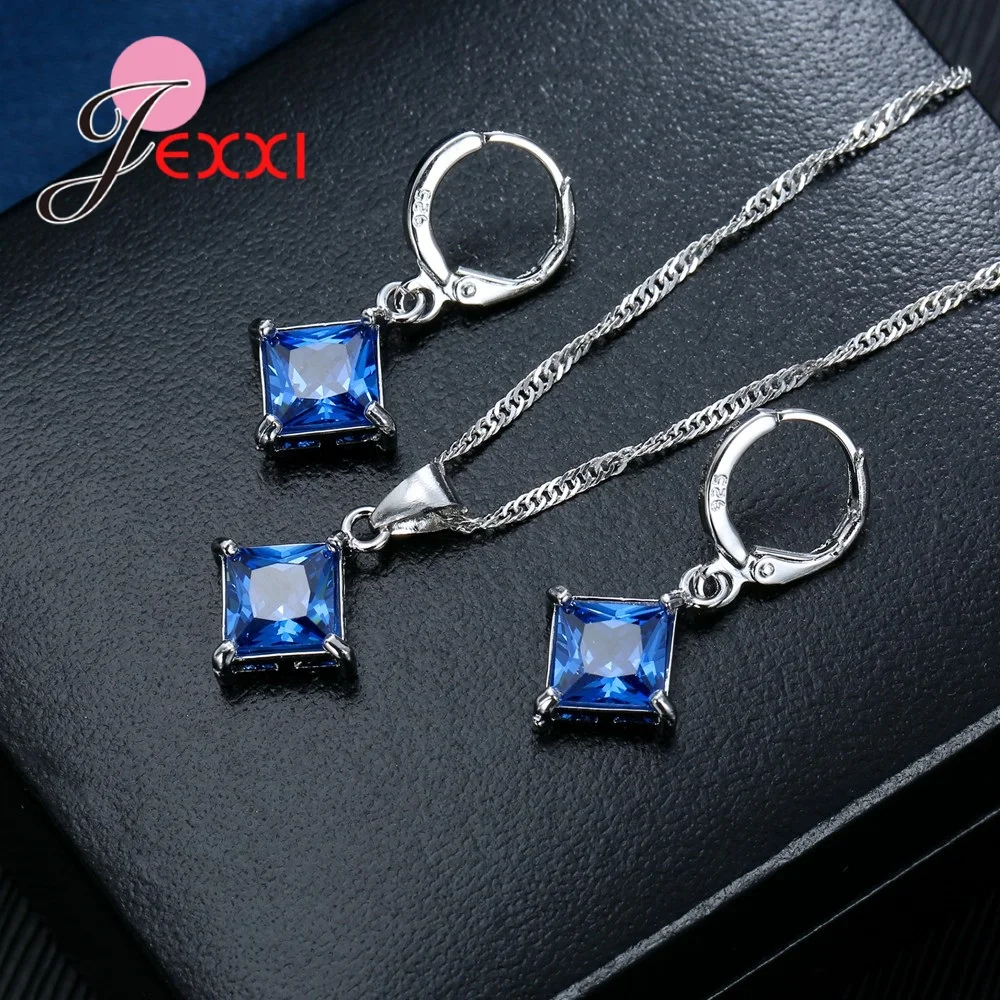 Jewelry Set 925 Sterling Silver Simple Fashion Square Cubic Zircons Women Wedding Accessory 8 Colors