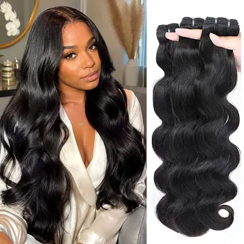 Extensioni per capelli umani Body Wave, neri naturali, 30 pollici, in trama grezza vergine, con doppia trama, offerta 1/3/4 fasci