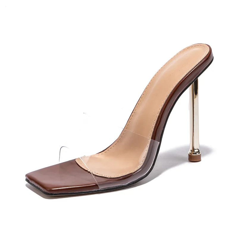 2022 Summer Transparent PVC Slippers Women Stiletto High Heels Peep Toe Sexy Metal Heel Party Dress Mules Slides Shoes