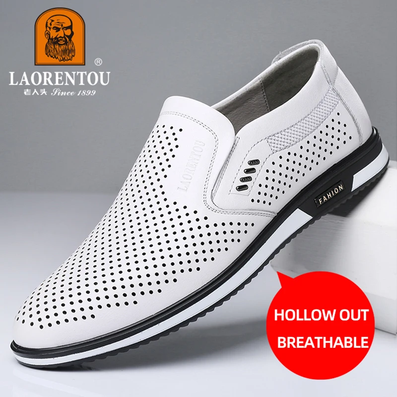 LAORENTOU summer New White Leather Shoes Hollow Breathable Genuine Leather Casual Men's Shoes Small White 95268