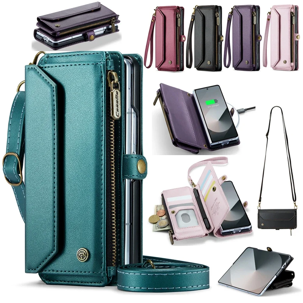 Crossbody Leather Wallet Phone Case with Stand and Shockproof Magsafe Flip Cover, featuring Lanyard Wristband.