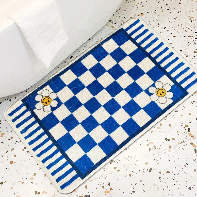 Tapis de Bain Rétro à Carreaux en Échiquier, Antidérapant, Absorbant, en Peluche, à la Mode, pour Zone Latérale de la Baignoire