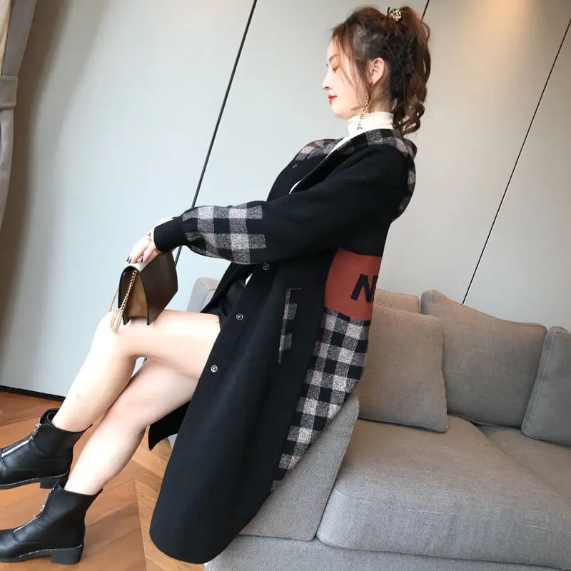 

Hooded Plaid Mid-length Women's Autumn and Winter New Thickened Loose Long Knitted Coat Cardigan