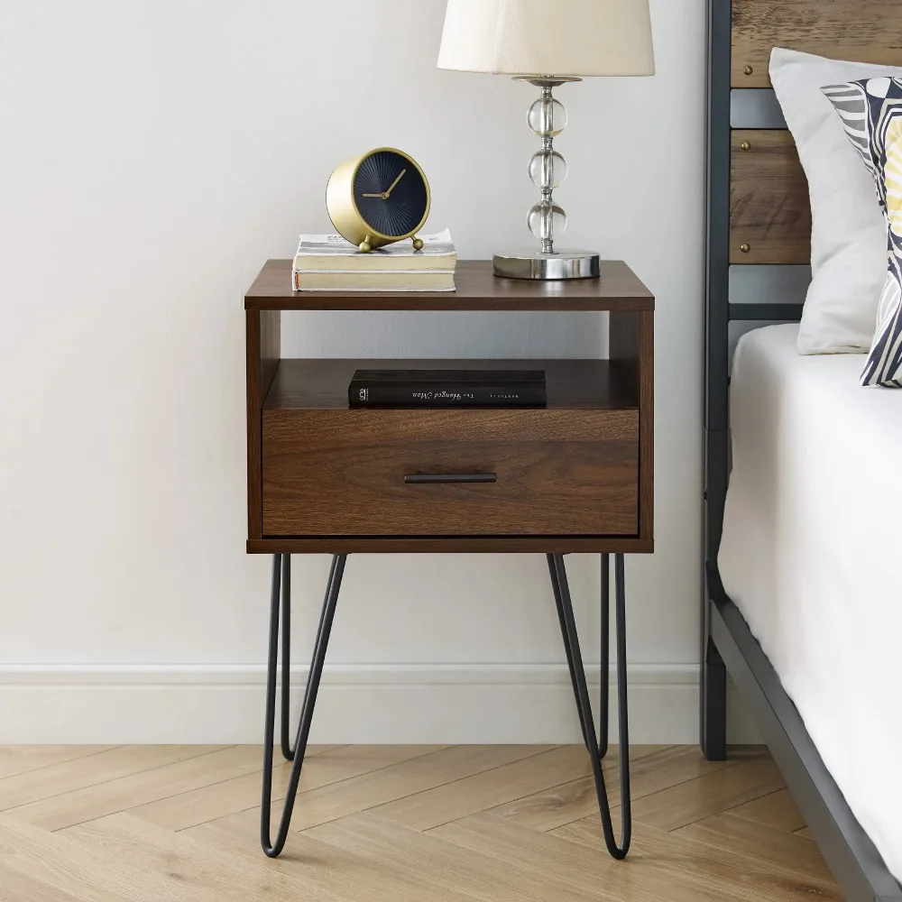 Nightstand with Drawer, Drawers on Metal and Open Shelf, Nightstand