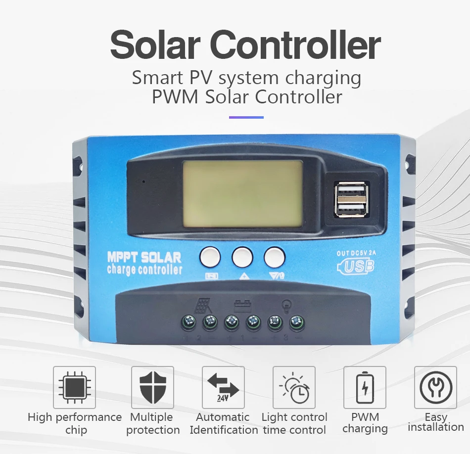 solar charge controller MPPT 30A 50A 80A 100A LCD Display 12V 24V AUTO Dual USB Solar Charge And Discharge Controller