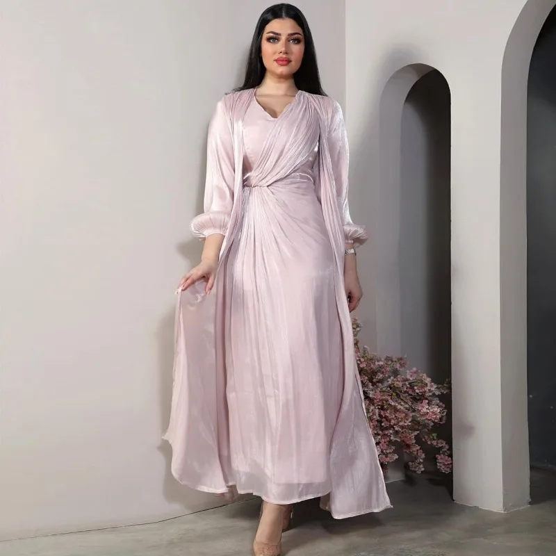 Islam Abaya Dresst Bright Silk Abayas for Women Fashion Soft Two Piece Dress for Middle East Dubai Türkiye