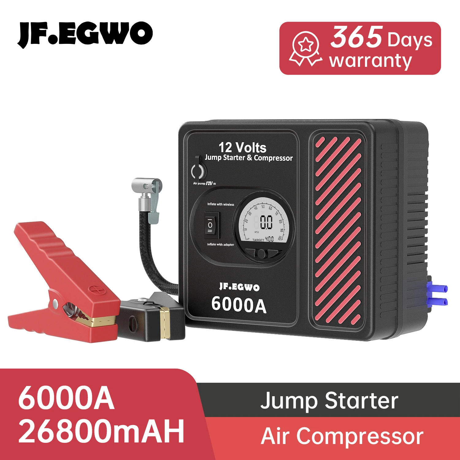 JF.EGWO 6000A Car Jump Starter Tire Inflator 150PSI Air Compressor