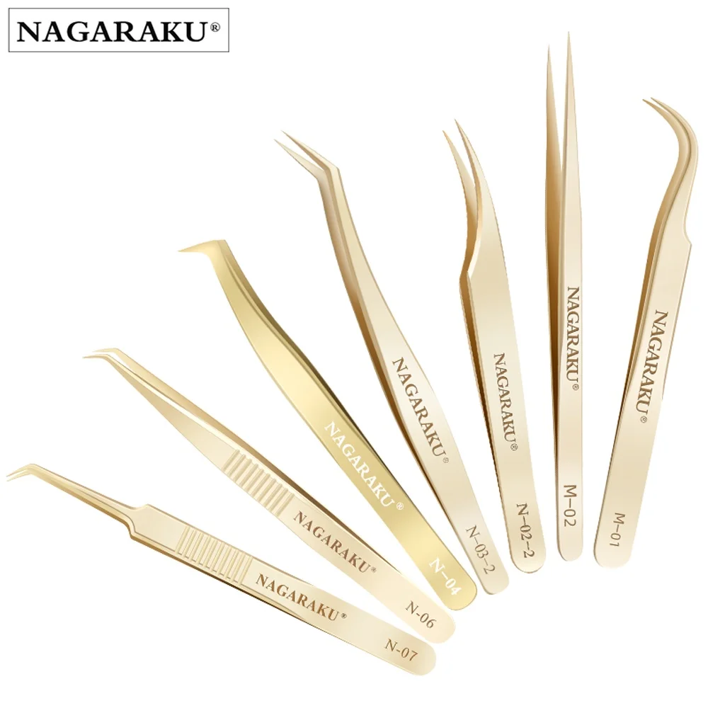 NAGARAKU Eyelash Extension Tweezers Makeup Tools Stainless Steel Golden
