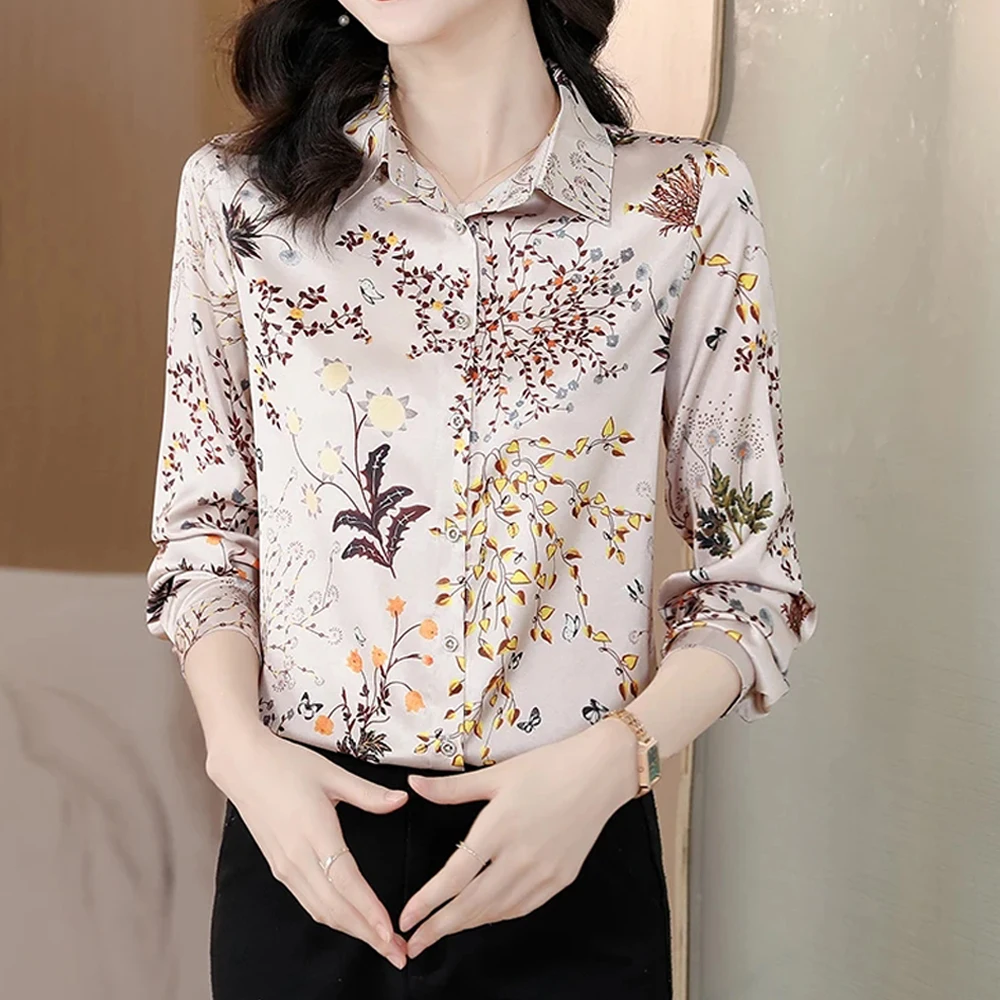 Chic Printed Casual Office Shirts For Women Long Sleeve Silk Satin Fashion Women Blouses 2024 Elegant Female Tops Blusas Mujer