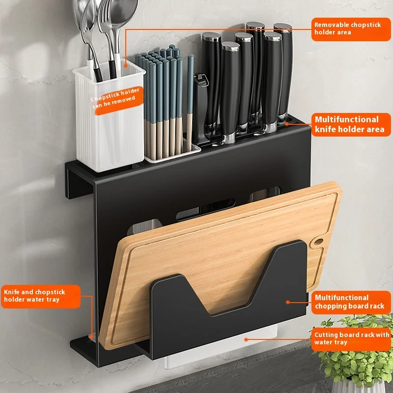 Stainless steel kitchen knife holder, wall mounted pot cover holder, multifunctional storage rack, chopstick holder