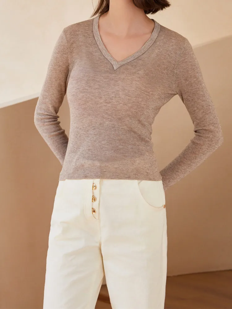 

Women Wool Blends Sweater Slim Beading Chain Stretch Early Autumn 2023 New V-Neck Long Sleeve Female Jumper