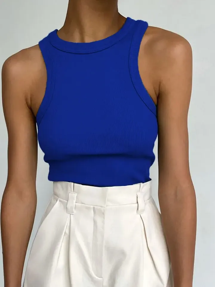 Fashion Chic Blue Sleeveless Knitted Women Casual Vest Ribbed Cotton Tank Top 2025 Spring Summer High Quality Pullover Sweater