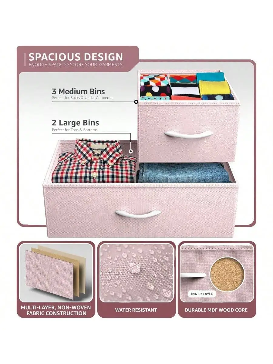 Sorbus Dresser with 5 Drawers - Storage Chest Organizer Unit with Steel Frame Wood Top Easy Pull Fabric Bins - Long Wide 5