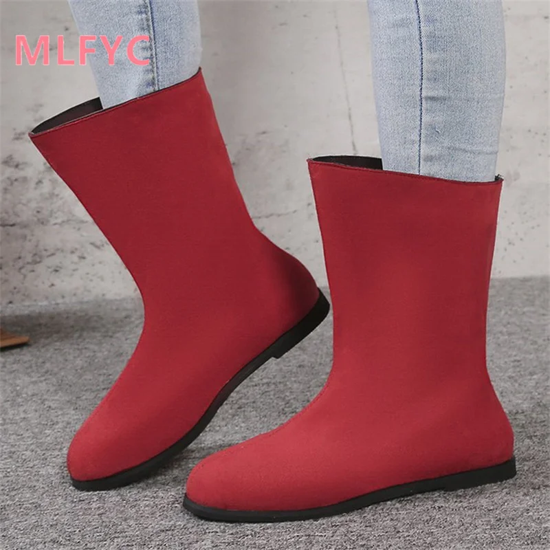 Retro Black Low Heel Short Boots Women's Autumn and Winter Single Boots Round Toe Flat Sole Socks Boots Elastic Boots