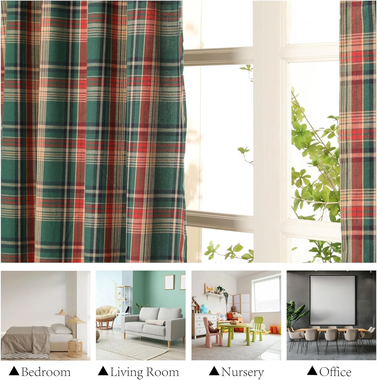 Green Check Plaid Curtains Farmhouse Style Gingham Curtain Christmas Decorative Adjustable Shades Rod Pocket Window Valances 4