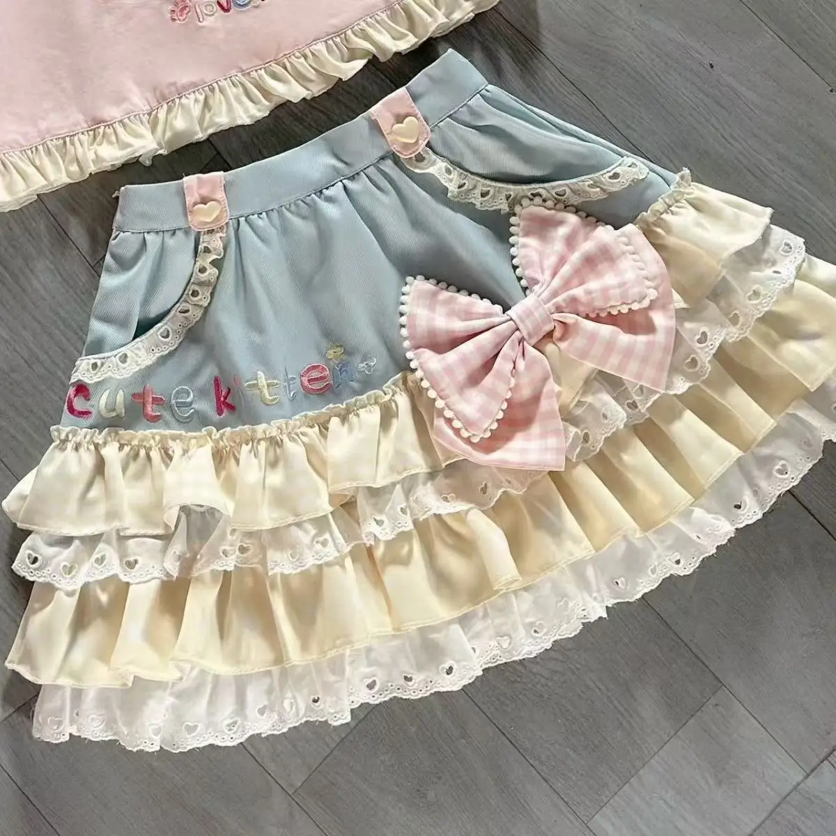 Y2k Aesthetic Kawaii Patchwork Mini Skirts Women Sweet Ruffled High Waist Skirt Streetwear Letter Embroidery Grunge Fairy Faldas