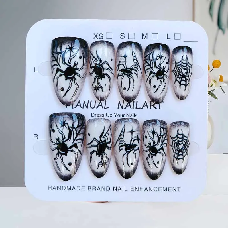 10Pcs Halloween Short Almond Shape Atmosphere Clown Black and White Ghost Spider Press on Nails Nail Patch False Nails Nails Art