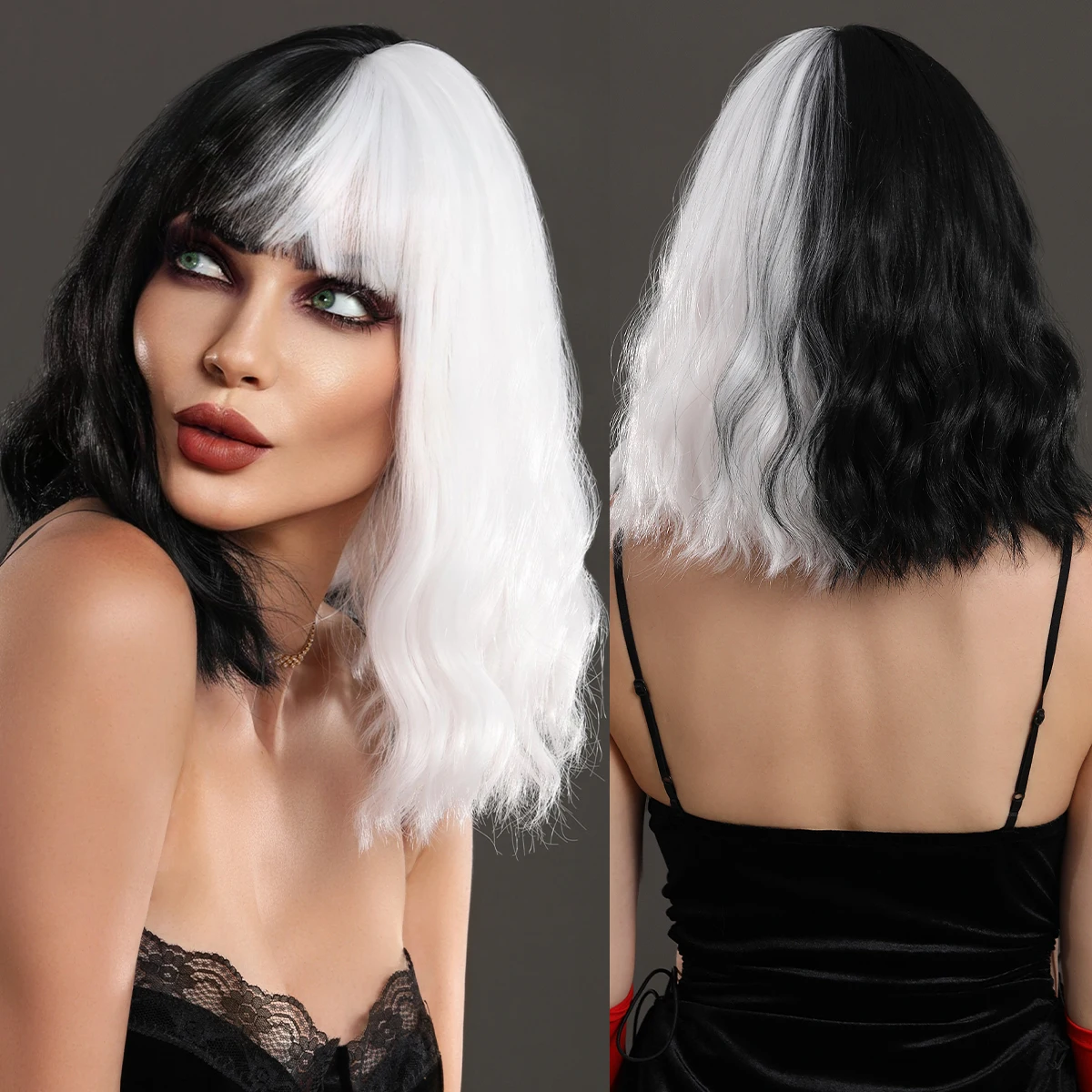 7JHH WIGS Cruella Devil Wigs for Women Halloween Cosplay Wig Synthetic Hair Wig Black with White Natural Bob Wavy Wig with bangs