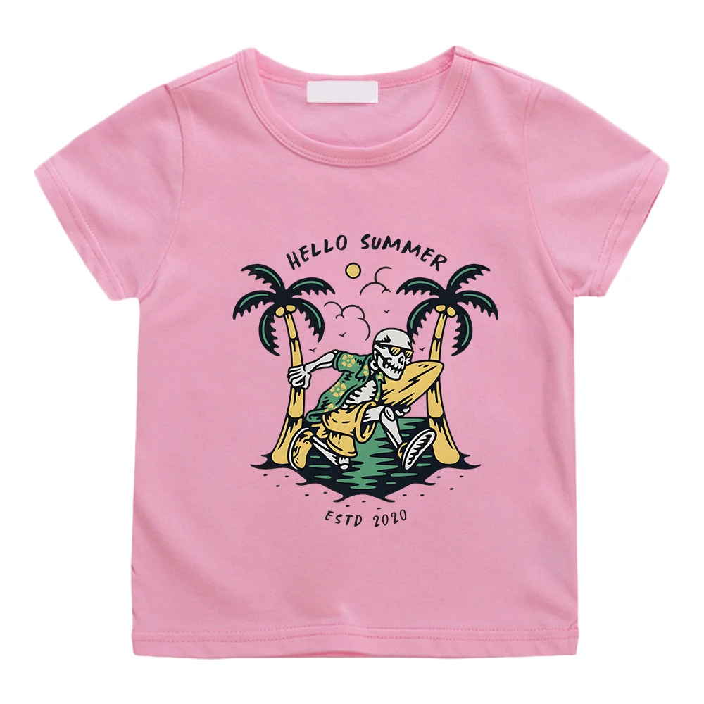 

Skeleton Paradise Summer Good Vibes T-shirt Kawaii Cartoon Graphic Printing Tee-shirt Boys and Girls 100% Cotton Children Tshirt