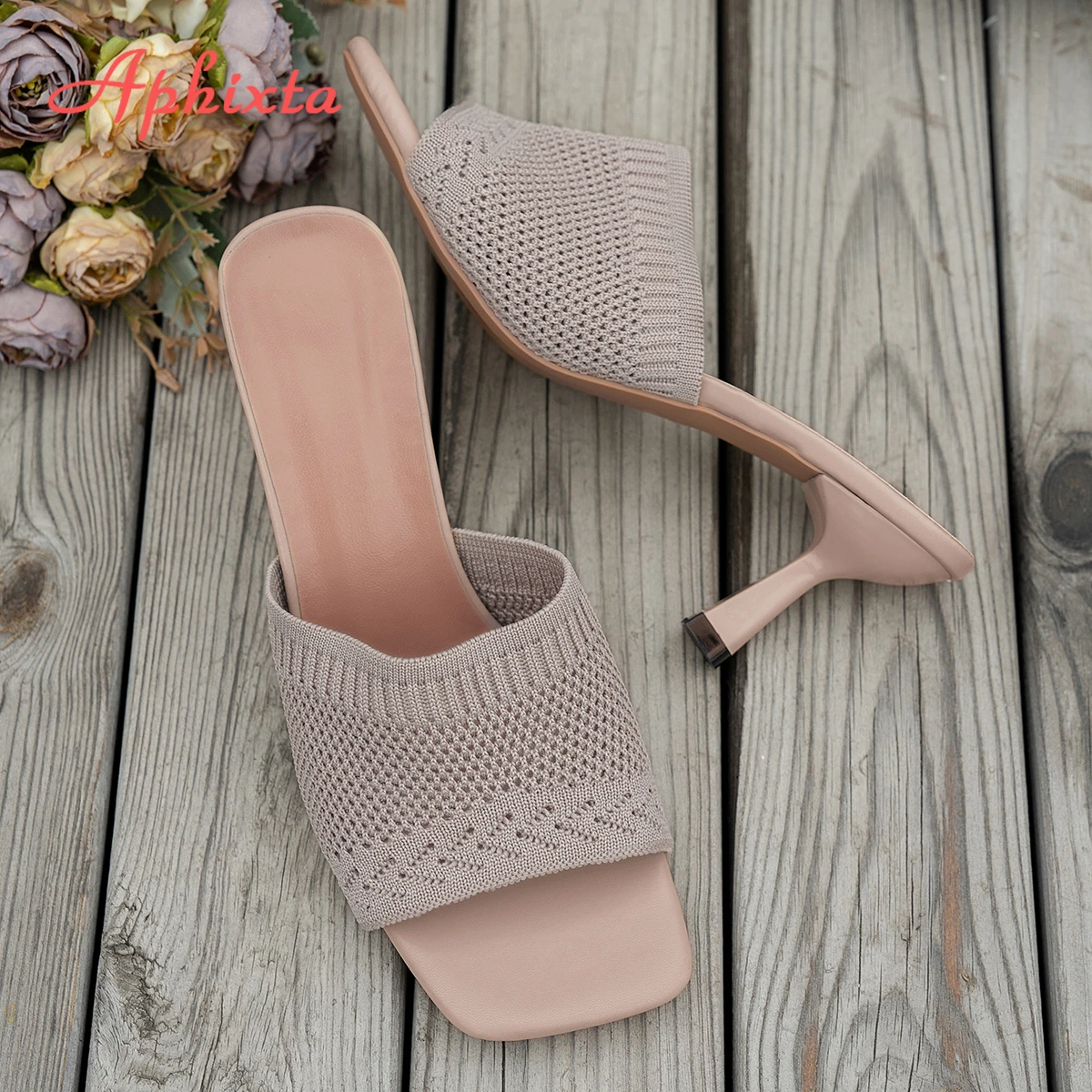 Aphixta Women 7CM High Heels Mules Woman Slides Stretch Fabric Fashion Slippers For Women Summer Shoes Woman 2025 Trend Shoes