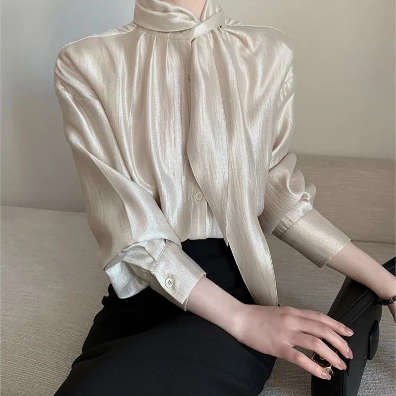 Champagne Turtleneck Long Sleeve Shirt with Ribbon Women's New Elegant Fashion Tops